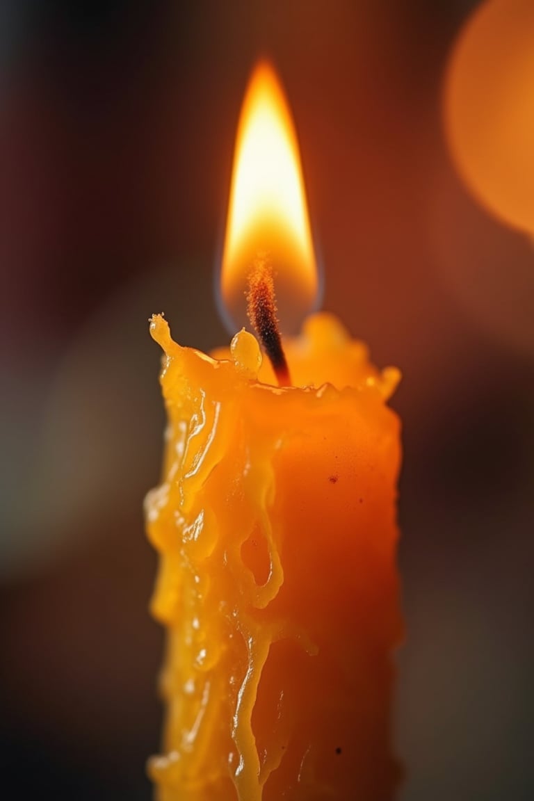 Macro photography style, shallow depth of field, close-up shot of a burning candle, sharp focus on the flame and wax texture, soft warm lighting, detailed patterns and colors, high detail, realistic texture, vibrant yellow and orange tones, indoor setting with a blurred background, intimate composition.