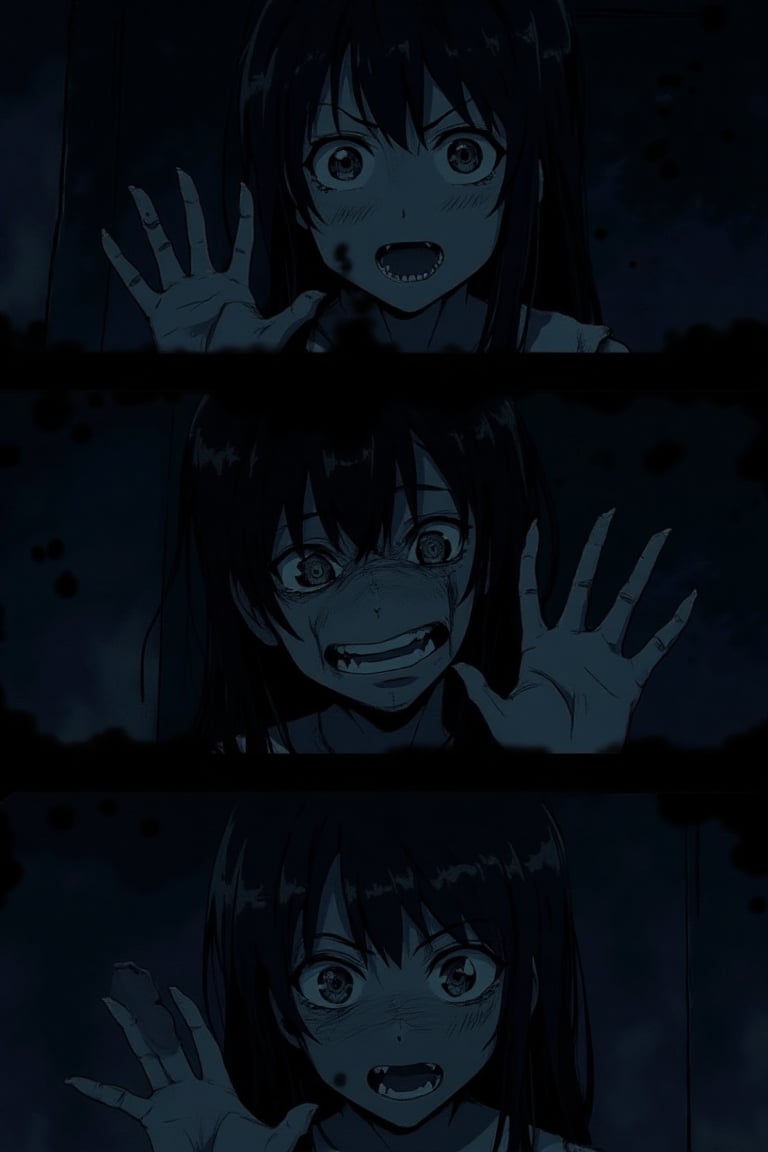 A J-horror anime 3-panel image featuring a girl with different emotional expressions in each panel. In the first panel, the girl has a shocked expression, her eyes wide and her posture tense. The second panel shows her with a fearful expression, her eyes wide with terror and her body trembling. The third panel depicts her with a haunted, hollow-eyed expression, as if she has seen something truly terrifying. Each panel is set in a dimly lit, eerie environment, with shadows and flickering lights creating a sense of unease. The composition emphasizes the progression of emotions, with the girl's expressions becoming increasingly unsettling. The atmosphere is tense and foreboding, with a sense of dread permeating each panel.