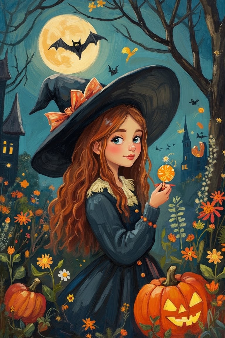 A Tove Jansson-inspired illustration of a woman in a Halloween mood, holding a treat candy on a spooky Halloween night. The soft, warm light contrasts with the eerie, moonlit background. The composition is playful, with the woman centered, her costume and candy adding a touch of whimsy. The overall tone is whimsical and enchanting, capturing a moment of festive delight.