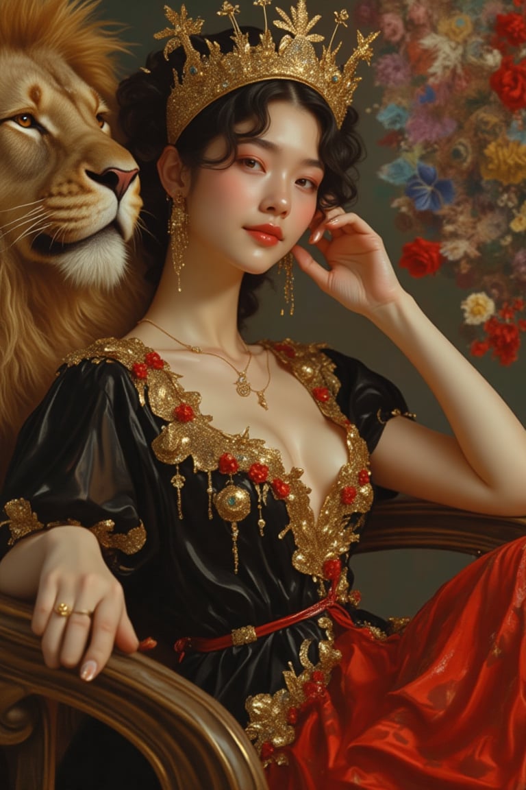 A woman in a Pixomeda style,  vibrant and surreal. She is framed in a close-up,  wearing a gold-red-black dress by Orked O...