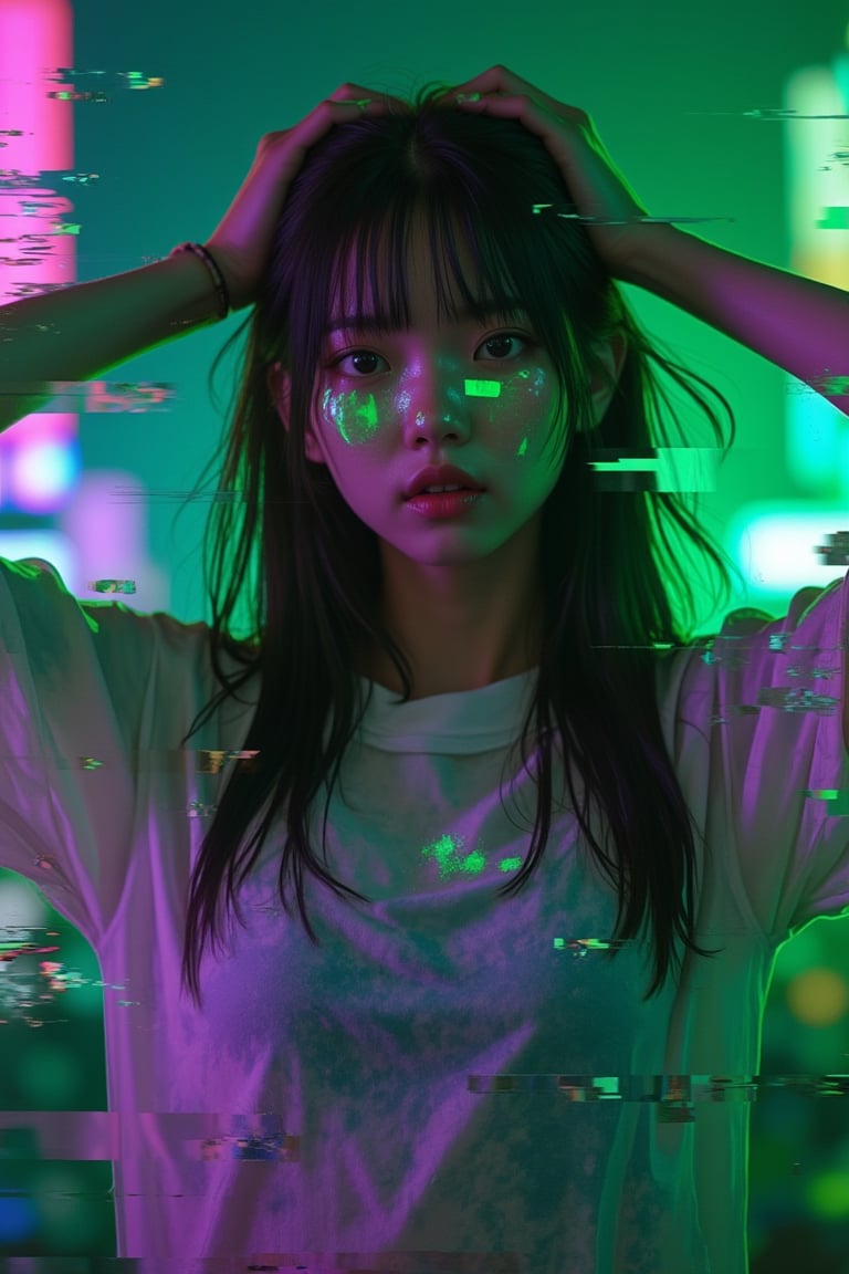 A Korean niji girl with green glitch art effects distorting her appearance, standing in a vibrant, futuristic cityscape. The scene is framed with a close-up shot, focusing on her expressive eyes and animated facial expressions. The lighting is a mix of neon greens and purples, casting a surreal glow on her face. Her pose is dynamic, with her arms raised in a playful gesture, surrounded by digital artifacts and pixelated distortions.