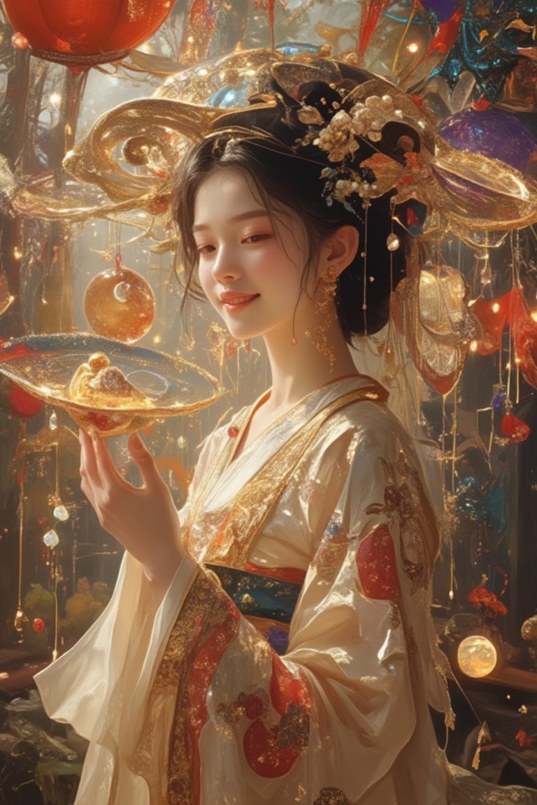 A woman in a Pixomeda style, vibrant and surreal. She is framed in a mid-shot, wearing a flowy Hanfu with intricate details on her attire and hair, exuding elegance and grace. Soft, warm lighting highlights her elegant features and serene expression. Her pose is relaxed, with a gentle smile. The composition is balanced, with intricate details and a dreamlike atmosphere. The background is abstract and colorful, enhancing her cultural and ethereal presence.,Enormous Magic Spell 