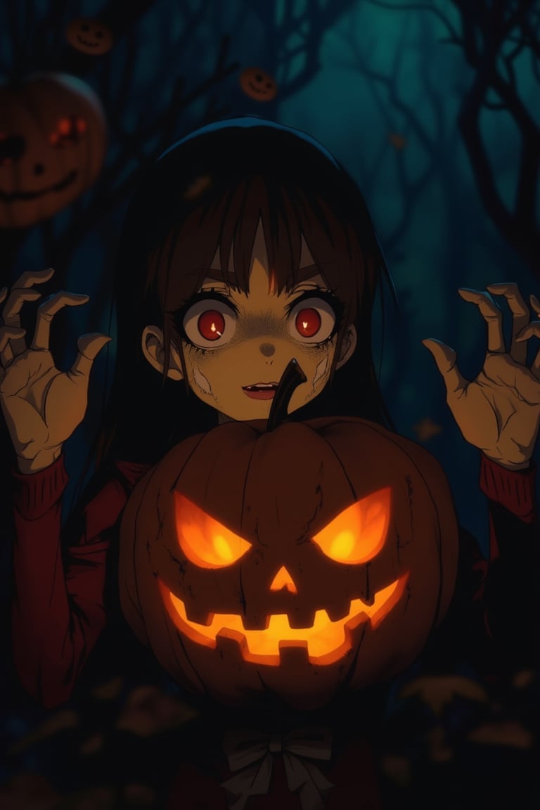 A J-horror anime scene featuring a Halloween girl holding a carved pumpkin with a flickering candle inside. The girl has an eerie, almost ghostly appearance, with her pale skin and wide, unsettling eyes. The pumpkin's flickering candlelight casts a spooky glow over the scene, illuminating the girl and the surrounding Halloween decorations. The composition is centered on the girl and the pumpkin, with the background slightly blurred, emphasizing the eerie atmosphere. The atmosphere is tense and foreboding, with a sense of the supernatural and the unknown.