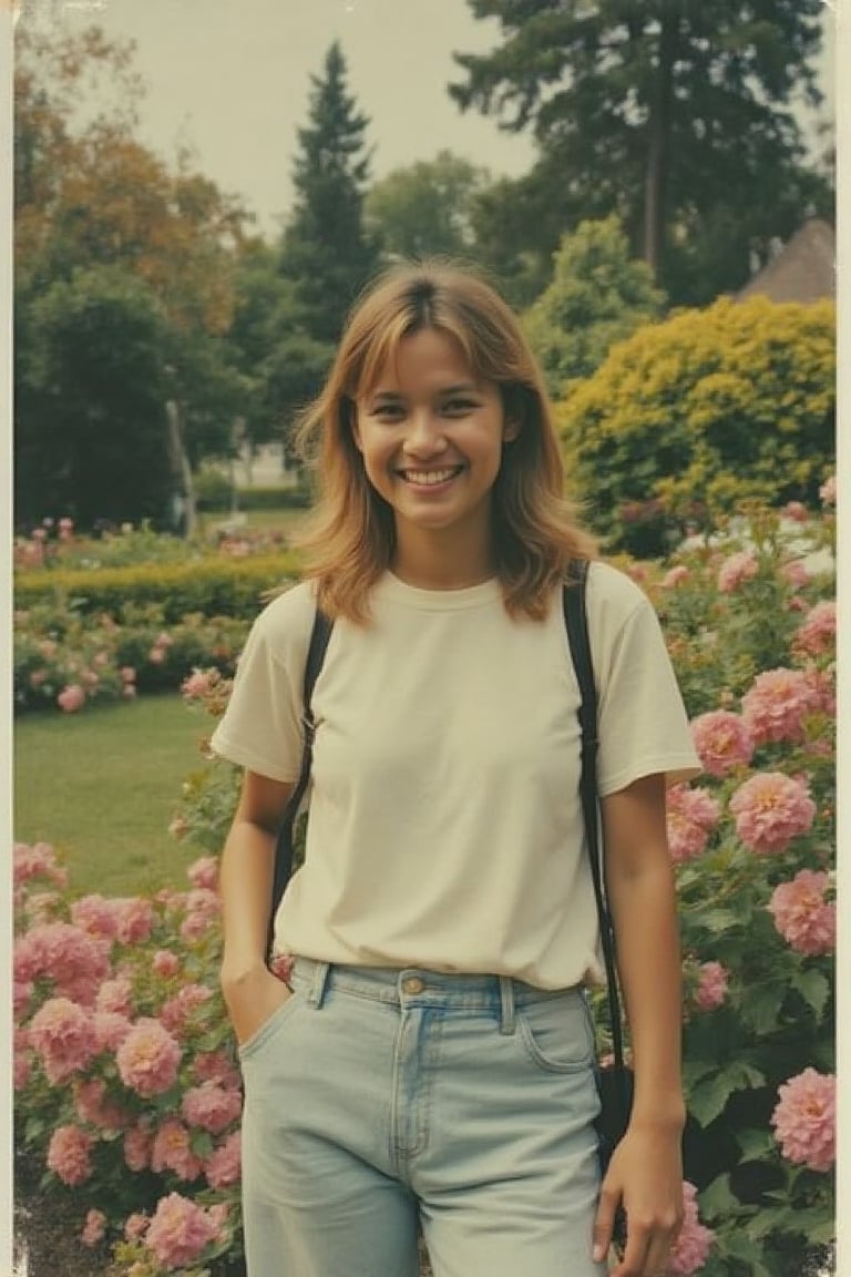 A 1990s vintage portrait photograph of a person, taken in a garden background with a straight angle and bright colors. The image has a Kodak Gold film aesthetic, capturing the warm, vibrant tones of the 70s. The person is dressed in casual attire, with a relaxed posture and a slight smile. The garden is lush and colorful, with blooming flowers and greenery. The composition is balanced, with the person centered in the frame, capturing the essence of a 1990s vintage portrait.