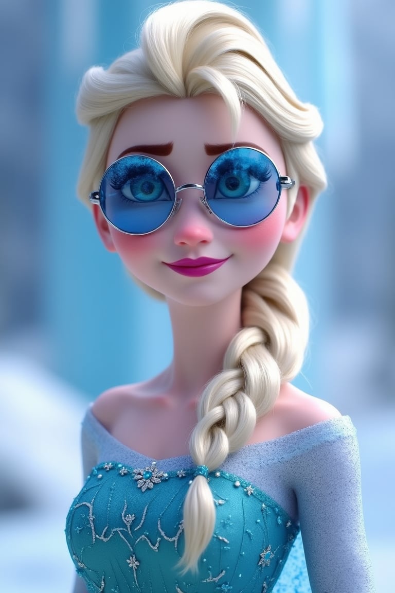 Princess Elsa from Frozen wearing round-shaped sunglasses, standing with a regal and confident expression, the shot framed from the waist up, soft natural lighting, the composition centered on Elsa with the sunglasses reflecting a serene icy landscape, the outfit blending her iconic blue gown with a modern twist, creating a stylish and elegant atmosphere.