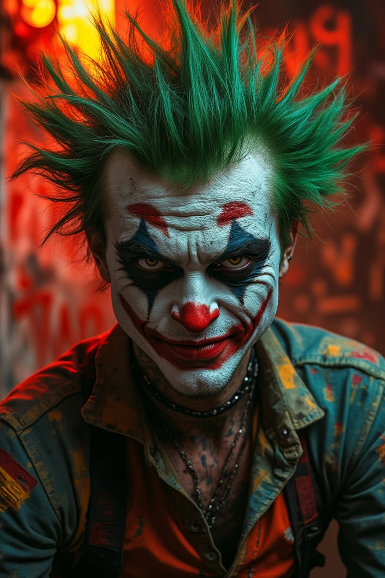 A man in punk style, close-up shot of his face, clown joker makeup with exaggerated features, torn and colorful clothing, intense and mischievous expression, harsh lighting with dramatic shadows, chaotic background with graffiti and neon signs, dynamic composition.