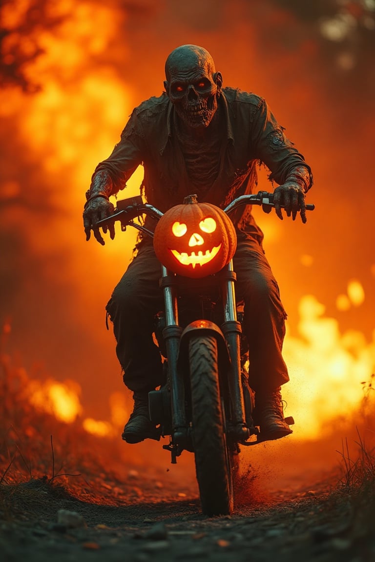 A zombie riding a motorbike through a fiery background, intense orange and red flames illuminating the scene, zombie's tattered clothes and decaying flesh, holding a pumpkin Halloween lantern on the bike, dramatic wide-angle shot capturing the motorbike in motion, eerie and chaotic atmosphere, with the pumpkin lantern casting an ominous glow.