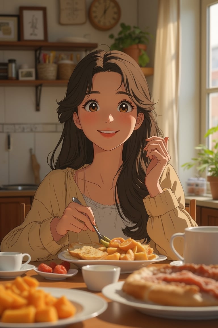 vibrant Moe anime scene of a beautiful Korean woman with large, glossy eyes, happily enjoying breakfast in a cozy kitchen. She sits at a table filled with delicious food, wearing casual, comfortable attire. The scene is framed mid-shot, capturing her radiant smile and the soft, warm lighting that highlights her joyful mood. The background is a homely kitchen with personal touches, creating a warm and comforting environment. Her breakfast is beautifully arranged, adding to the cozy and delightful composition.