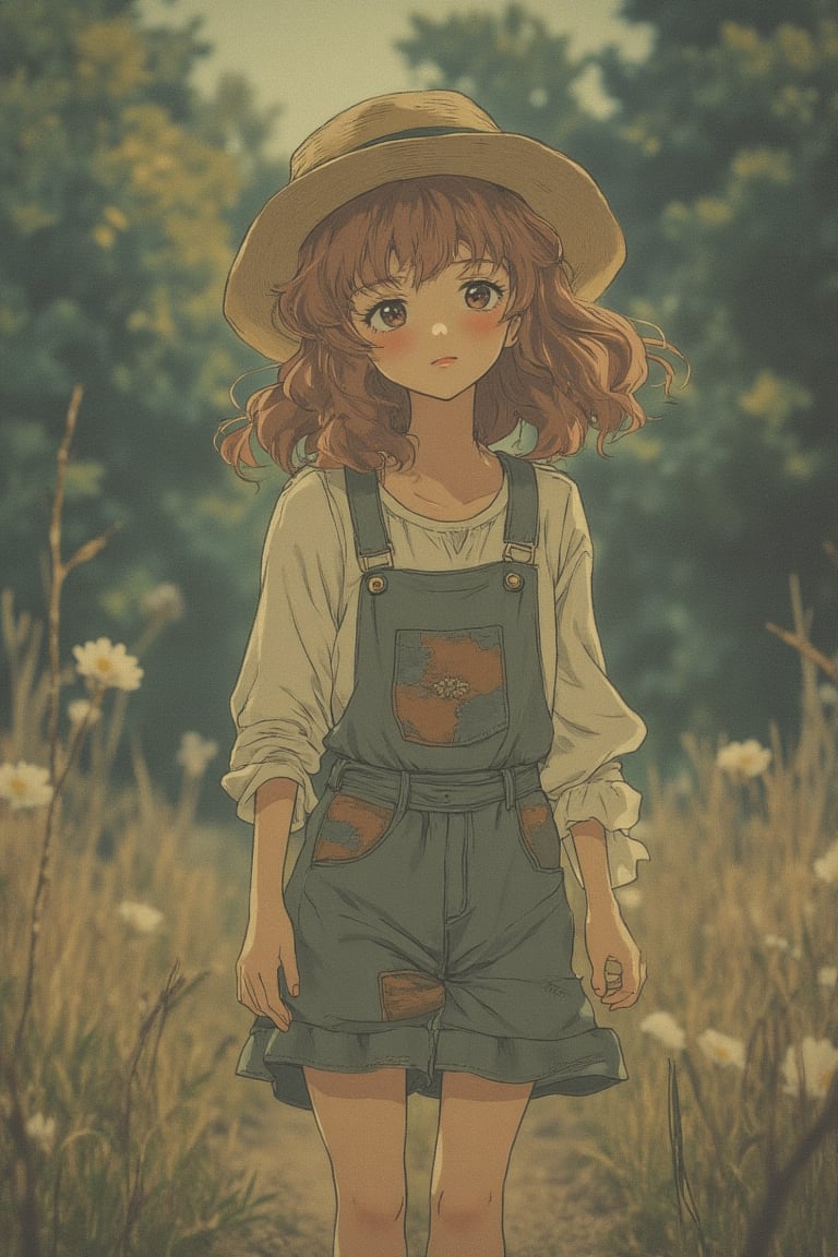 An anime scene with muted retro colors, featuring a girl dressed as a scarecrow. She stands with a playful posture, wearing a straw hat and patched clothing. The soft, warm lighting casts a nostalgic glow, emphasizing her whimsical expression. The composition captures her charming attire and the serene environment, with subtle details of the muted retro palette enhancing the scene's whimsical atmosphere.