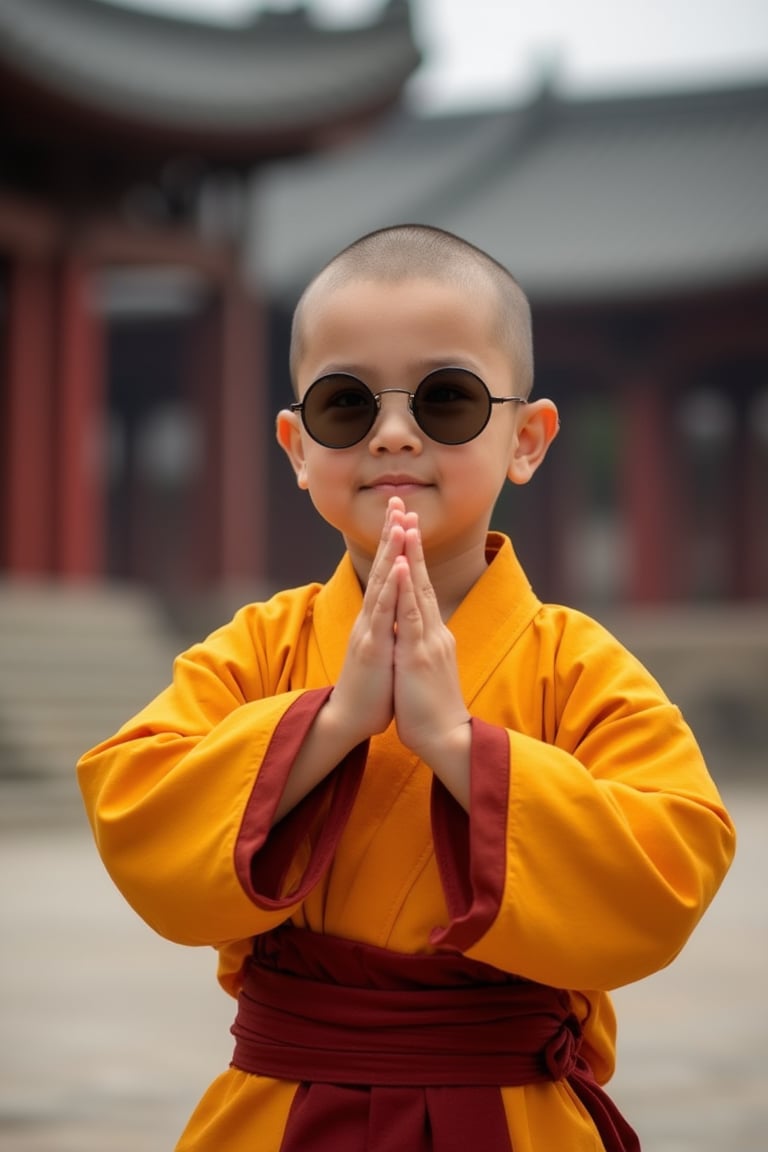 A Shaolin boy wearing round-shaped sunglasses, standing in a traditional martial arts pose with a confident expression, the shot framed from the waist up, soft natural lighting, the composition centered on the boy with the sunglasses reflecting a serene temple background, the boy's outfit blending traditional Shaolin attire with a modern twist, creating a unique and stylish atmosphere.