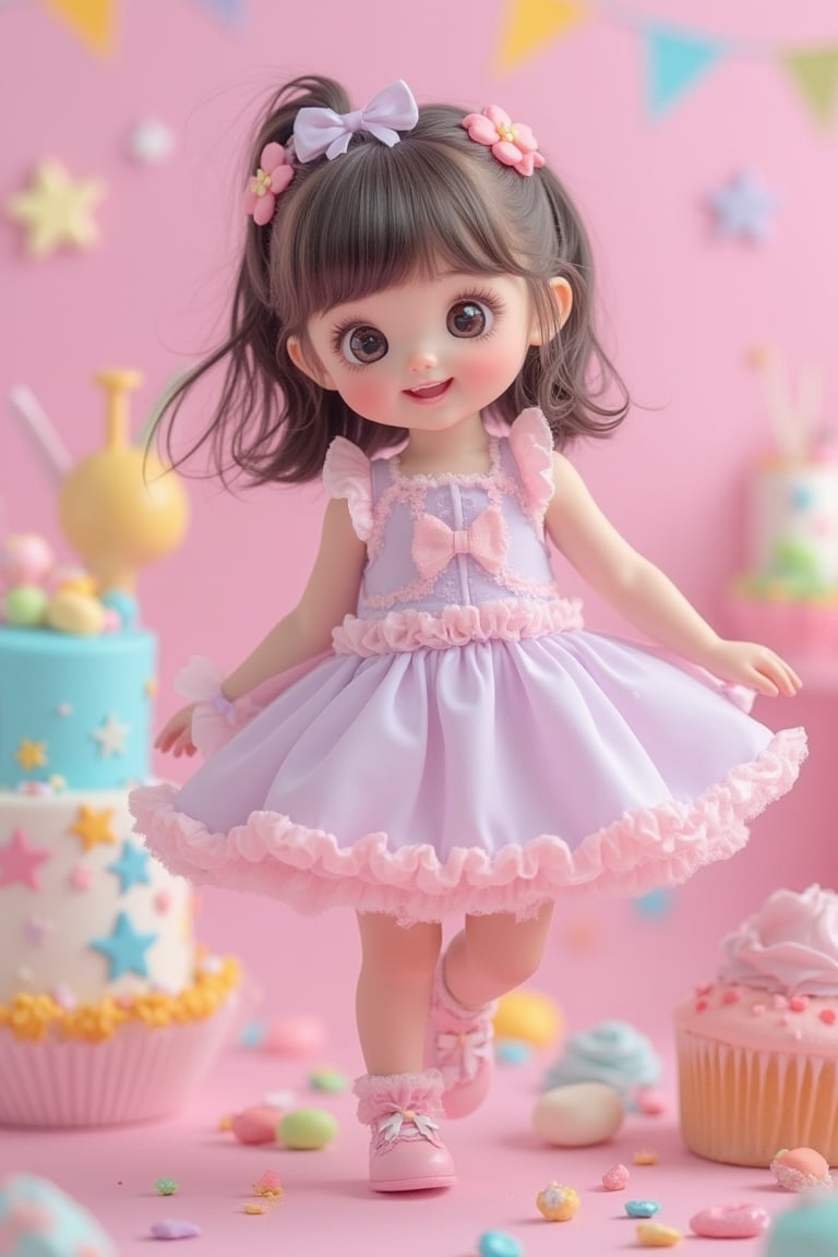 A kawaii cute girl, framed in a mid-shot, with soft pastel lighting. She is standing in a candy world, surrounded by colorful sweets and treats, with a big, sparkling smile. Her big, sparkling eyes and happy, innocent expression are highlighted. She is dressed in a pastel-colored dress with adorable accessories like bows and frills. The composition is dynamic, capturing her joyful pose, with the candy world adding a whimsical, fairy-tale-like touch to the background.