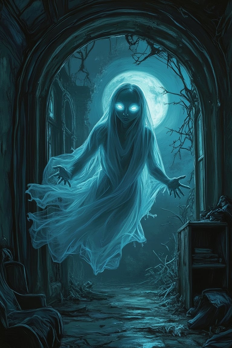 A spooky art drawing of a translucent ghost floating eerily in a dark, abandoned mansion. The ghost's form is wispy and ethereal, with glowing eyes and a haunting expression. The mansion is filled with cobwebs and broken furniture, creating a chilling atmosphere. The ghost is framed in mid-air, with the mansion's decaying interior visible through its transparent body. The lighting is dim, with only faint moonlight streaming through broken windows, enhancing the spooky mood.