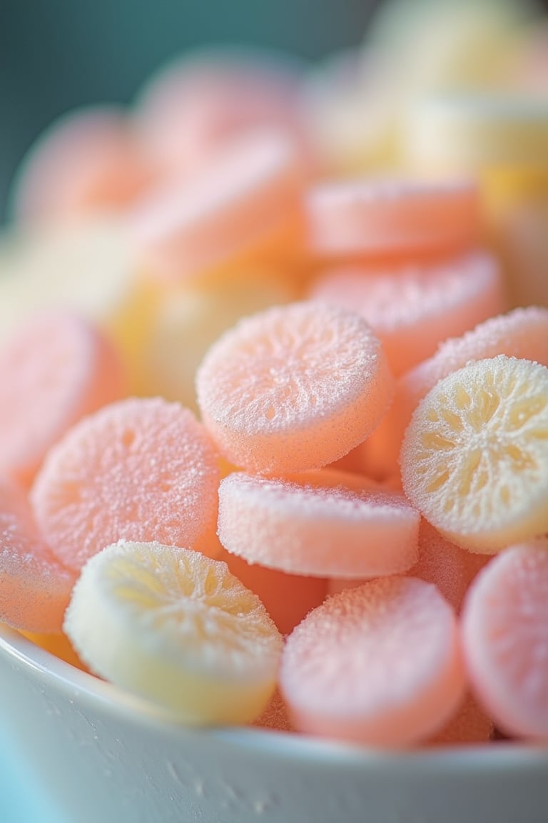 Macro photography style, shallow depth of field, close-up shot of pastel-colored candy, sharp focus on the intricate details and textures, soft natural lighting, detailed patterns and colors, high detail, realistic texture, vibrant pastel tones, indoor setting with a blurred background, intimate composition.