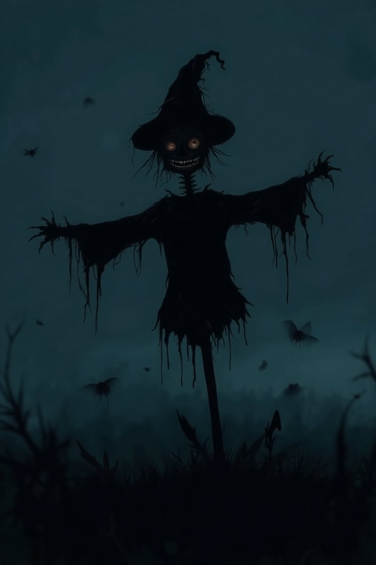 A J-horror anime scene featuring a scarecrow standing ominously in a dark, foggy field. The scarecrow has a twisted, unsettling expression, with hollow eyes and a crooked smile. The lighting is dim and eerie, with the fog creating a sense of isolation and dread. The composition is centered on the scarecrow, with the background slightly blurred to emphasize its creepy presence. The atmosphere is tense and foreboding, with a sense of impending doom.