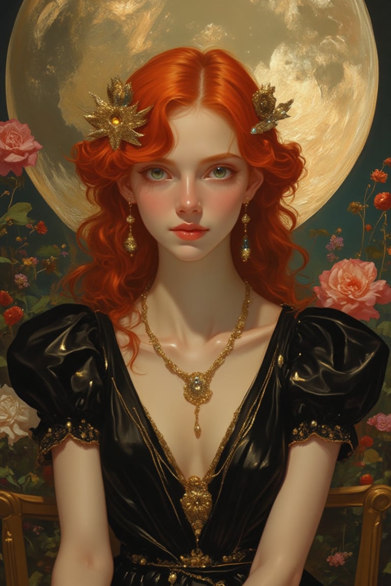 An exquisite woman in a Pixomeda style,  vibrant and surreal. She is framed in a mid-shot,  with red hair by Orked Orked o...