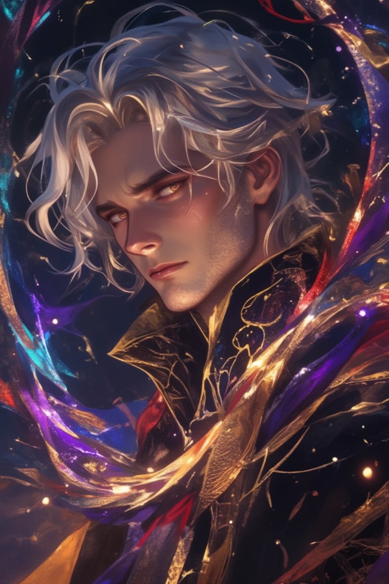 Anime-style close-up of a man with grey hair, wearing a magical robe with gold and purple accents, in a magical realism aesthetic. The scene is vibrant and detailed, with soft lighting that highlights the intricate details of the robe and the man's expressive eyes. The composition focuses on his face and the ethereal robe, capturing the blend of realism and fantasy in the Niji style.,Enormous Magic Spell 