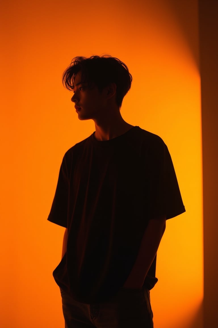 Cinematic warm lighting, the shadow of a handsome Korean man with a nice hairstyle, dressed in a loose black tee shirt and denims. The shot is framed mid-length, capturing his relaxed yet confident posture. The composition highlights the contrast between the soft light and his dark silhouette, emphasizing his mysterious allure. The background is softly blurred, focusing attention on his stylish outfit and the subtle details of his shadow.