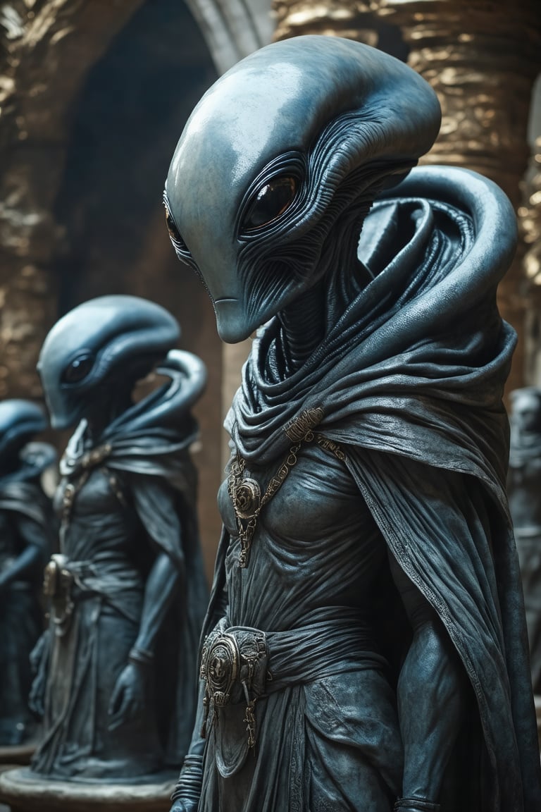 A Midjourney Raw Image Style of a non-humanoid alien creature,  depicted in statuesque form. The alien has a unique and ot...