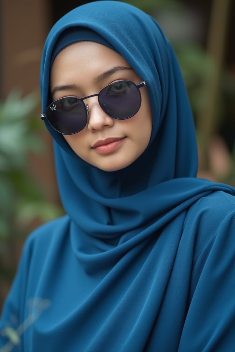 A realistic depiction of a Malay woman with no makeup, wearing a blue hijab and Baju Kurung, leaning her head slightly. Her natural beauty is highlighted by the soft, natural lighting, with subtle imperfections adding to her unfiltered charm. The blue hijab and Baju Kurung are finely detailed, showcasing the traditional attire with elegance. Her relaxed posture and calm expression reflect a sense of modesty and cultural pride, blending harmoniously with the serene setting.,Round Shaped Sunglasses