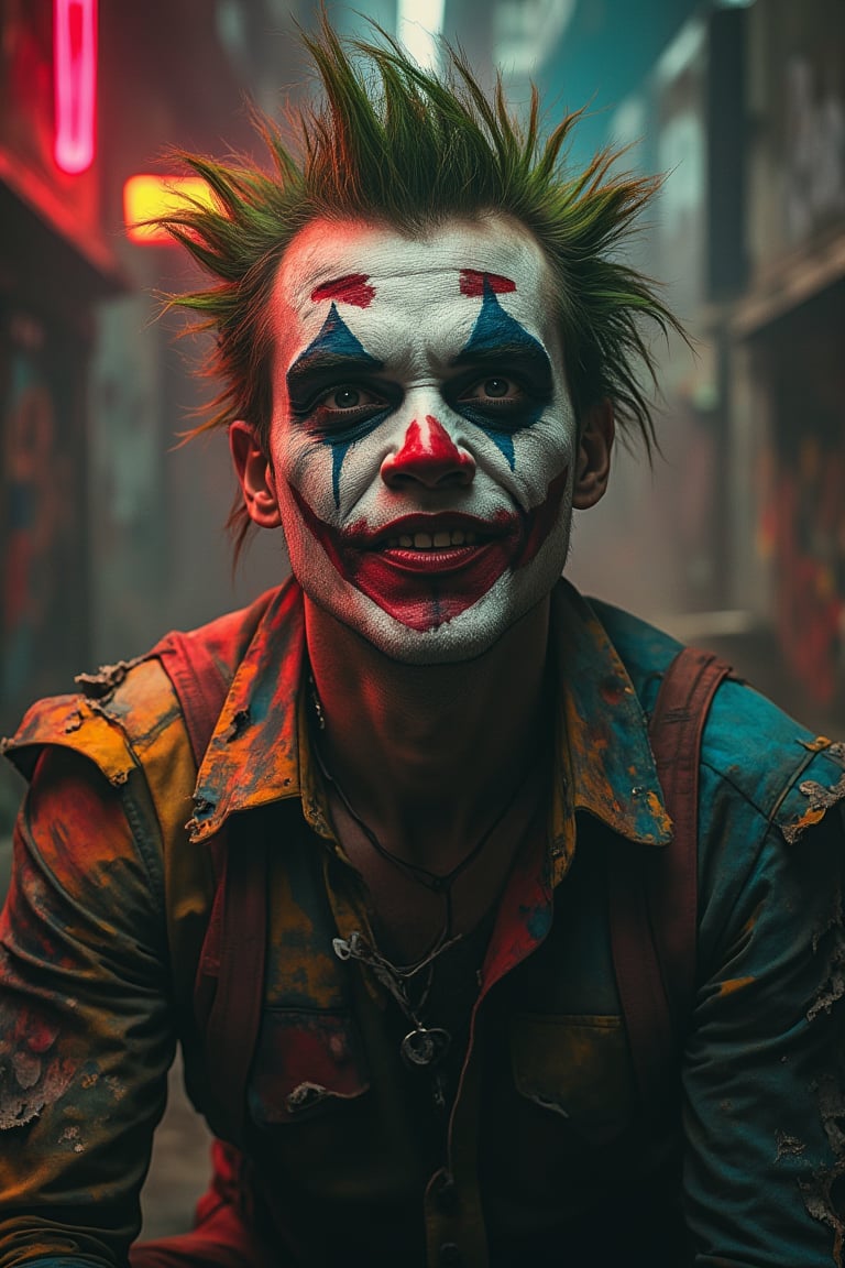 A man in punk style, close-up shot of his face, clown joker makeup with exaggerated features, torn and colorful clothing, intense and mischievous expression, harsh lighting with dramatic shadows, chaotic background with graffiti and neon signs, dynamic composition.