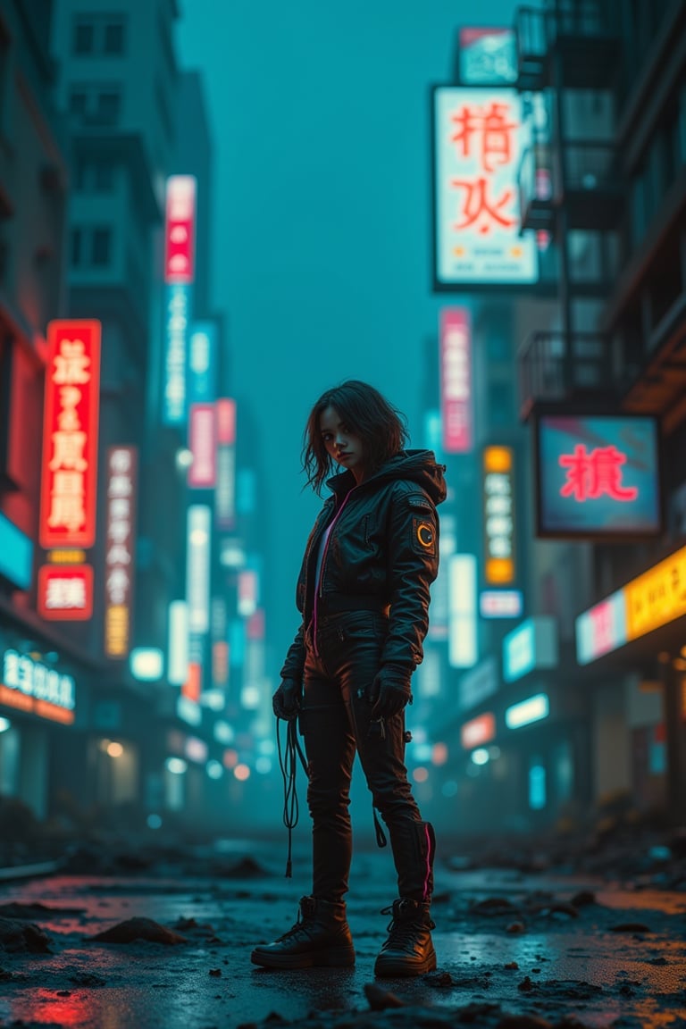 A dystopian girl stands alone in a desolate, cyberpunk cityscape. She wears a cyber-enhanced outfit with neon accents, her expression somber. The scene is framed with a wide shot, capturing the towering, decaying buildings and flickering neon lights. The lighting is harsh, with sharp contrasts between shadows and the glow of digital billboards. The composition centers on the girl, with the chaotic city as a backdrop, emphasizing her isolation.