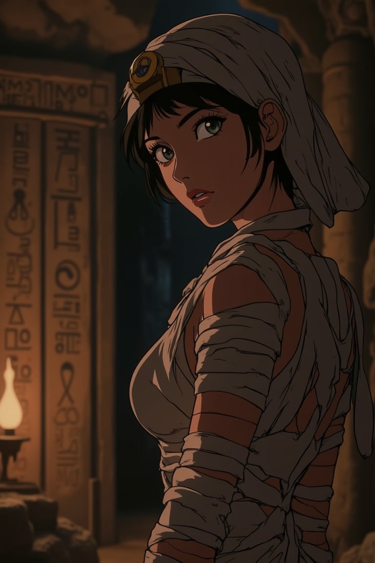 vibrant Moe anime scene of a beautiful woman with large, glossy eyes, dressed as a mummy in an ancient Egyptian style. She stands in a dimly lit cave, surrounded by hieroglyphics and ancient artifacts. The scene is framed mid-shot, capturing her mysterious expression and the soft, warm lighting that highlights her mummy attire. The background is a dark, eerie cave with intricate details, creating a mystical and intriguing atmosphere. Her pose and the setting evoke a sense of ancient mystery and allure.