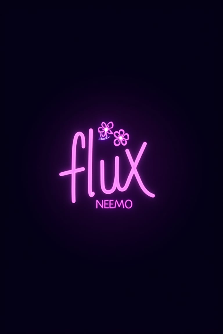 Modern logo design featuring FLUX NEEMO in a cursive, glowing purple vibrant neon Bold font, with flowers and a love symbol subtly integrated. The minimalist logo is set against a dark background, enhancing the glowing effect and allowing the vibrant neon script and delicate floral elements to evoke warmth and emotional connection.