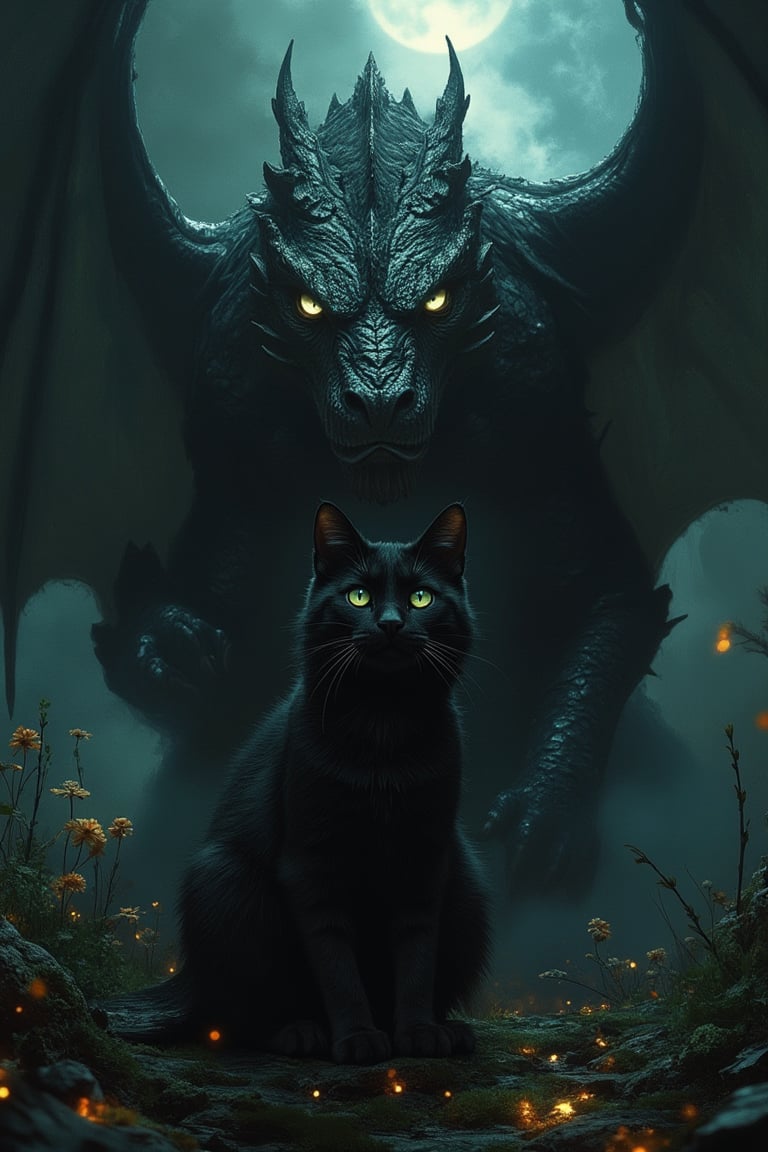 A sleek black cat sits alertly, its fur glistening in the dim light, as a majestic dragon looms behind it, its scales shimmering with an otherworldly aura. The cat's eyes are wide with curiosity, while the dragon's gaze is intense and commanding. The scene is set in a mystical, ancient forest, with moonlight filtering through the trees, casting eerie shadows. The composition frames the cat and dragon in a dynamic, tension-filled pose, highlighting their contrasting yet harmonious presence.