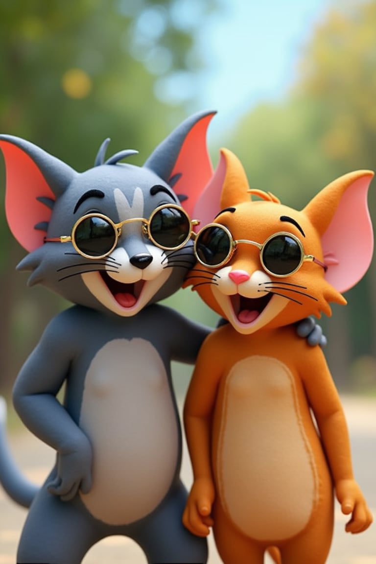 Tom and Jerry wearing round-shaped sunglasses, standing together with playful expressions, the shot framed from the waist up, soft natural lighting, the composition centered on the duo with the sunglasses reflecting a lively cartoon background, the characters' features exaggerated for humor, creating a fun and whimsical atmosphere.