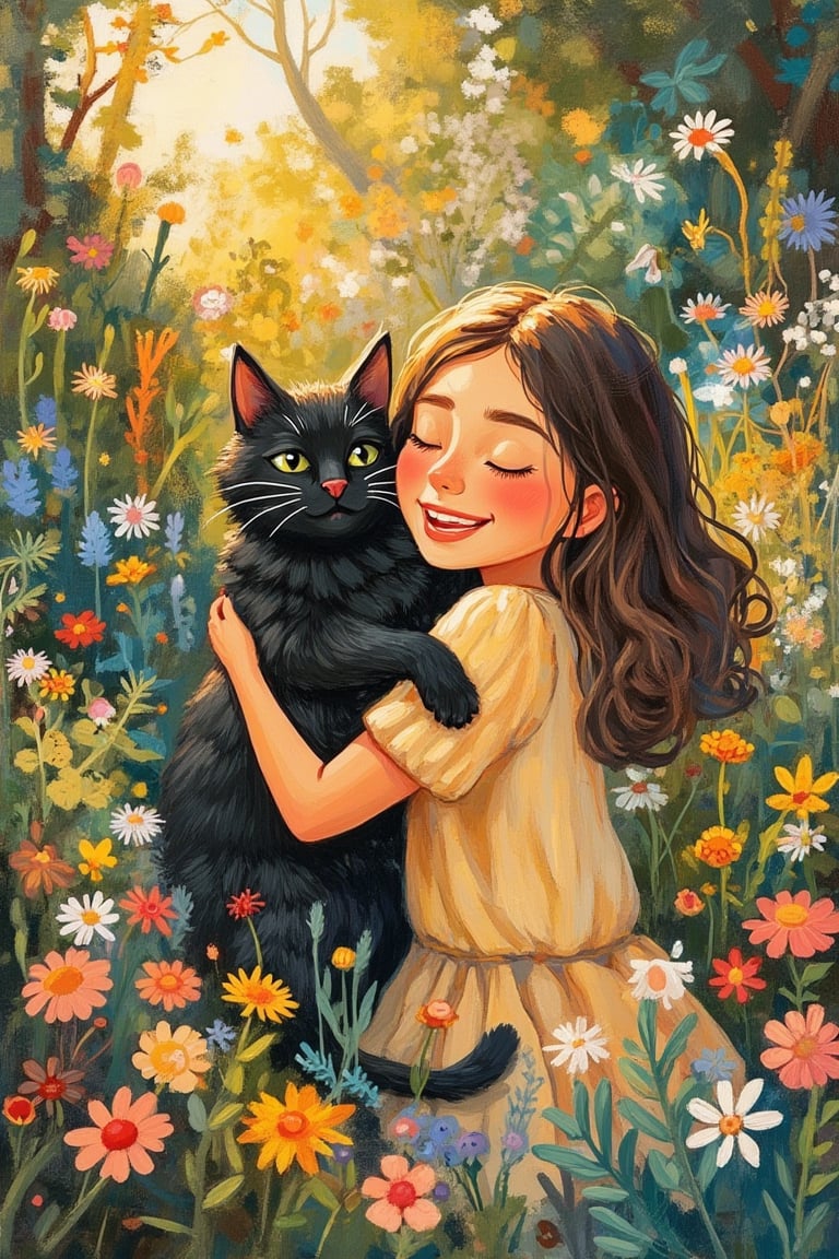 A Tove Jansson-inspired illustration of a woman hugging a black cat in a garden, radiating a happy mood. The soft, warm light highlights her joyful expression and the cat's contented face. The composition is intimate, with the woman and cat nestled together in a lush, floral garden. The overall tone is whimsical and serene, capturing a moment of pure happiness and connection.