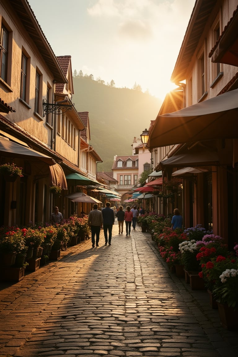 A serene view of a small town with quaint row shops, golden hour lighting casting warm glows, composition centered on the charming streetscape, people strolling leisurely, cobblestone paths, and blooming flower pots on windowsills, framed with a slight tilt to capture the cozy atmosphere.