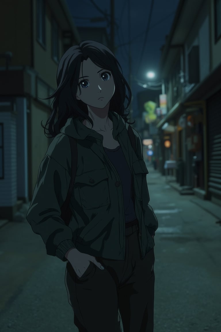 vibrant Moe anime scene of a beautiful woman with large, glossy eyes, walking alone at night under dim street lamps. She wears casual attire and carries a sense of unease as a creepy shadow follows her. The scene is framed mid-shot, capturing her cautious expression and the soft, eerie lighting that highlights the mysterious atmosphere. The background is a dimly lit street with occasional shadows, creating a tense and suspenseful environment. Her shadow looms ominously, adding to the creepy and unsettling composition.