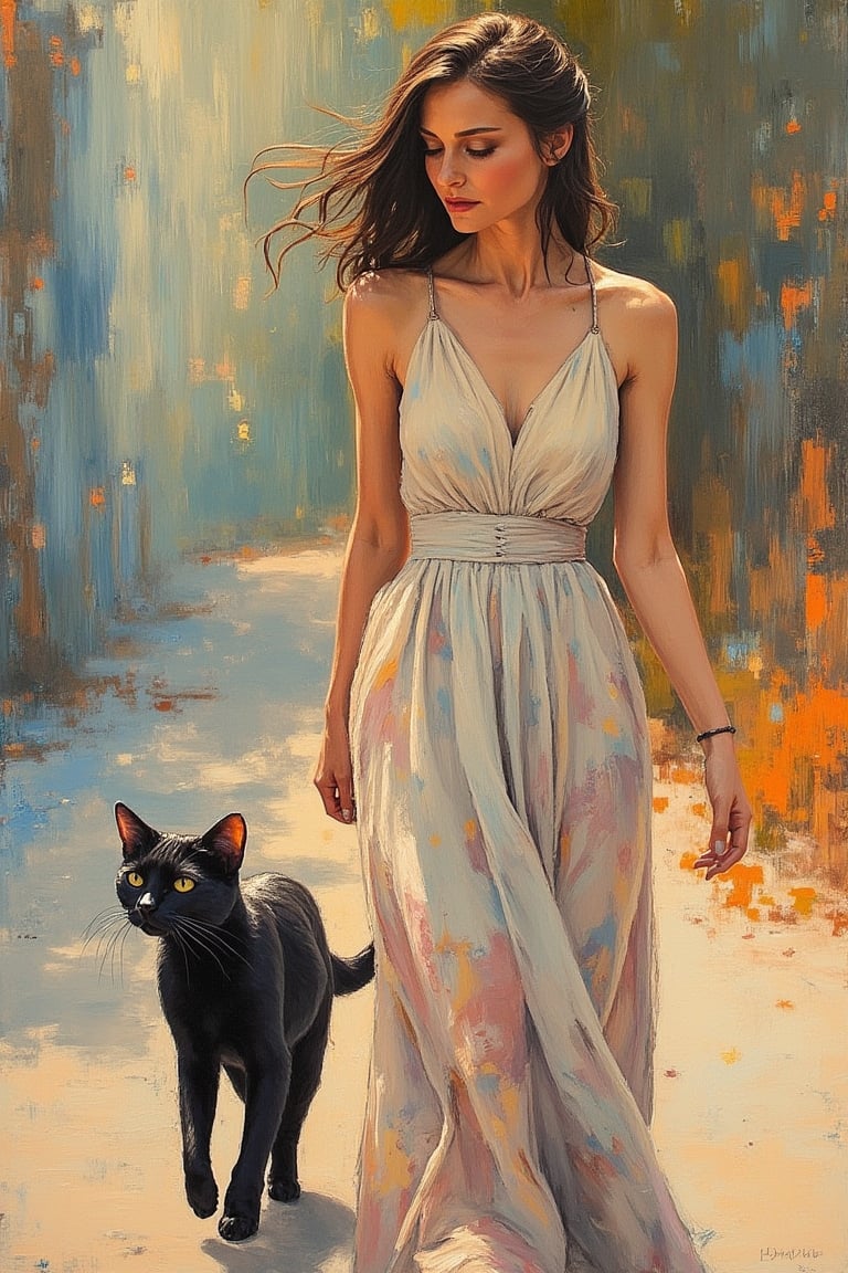 An acrylic gouache painting of a woman in a flowy dress, walking alongside a black cat. The scene is depicted in vibrant, textured brushstrokes, with soft, diffused lighting that highlights the intricate details of her dress and the cat's sleek fur. The woman is framed mid-shot, her expression serene as she strides gracefully. The composition is balanced, with the background gently blurred, drawing focus to the harmonious relationship between the woman and her feline companion, and the rich, textured surface of the painting.