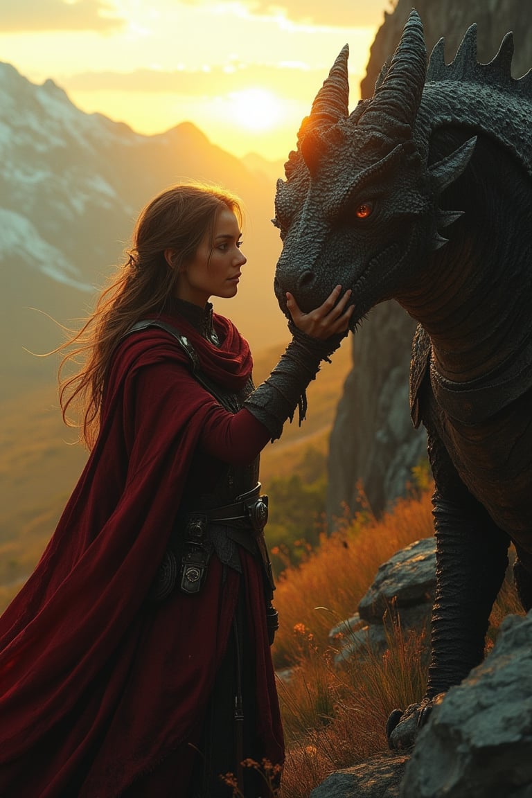 A brave woman stands calmly, gently petting a fierce dragon, her hand resting on its scaly neck. The dragon's eyes are soft, despite its intimidating appearance, and its wings are partially spread, casting dramatic shadows. The scene is set in a rugged, mountainous landscape, with the sun setting in the background, casting a warm, golden light. The composition captures the unexpected bond between the woman and the dragon, framed by the majestic, awe-inspiring surroundings.