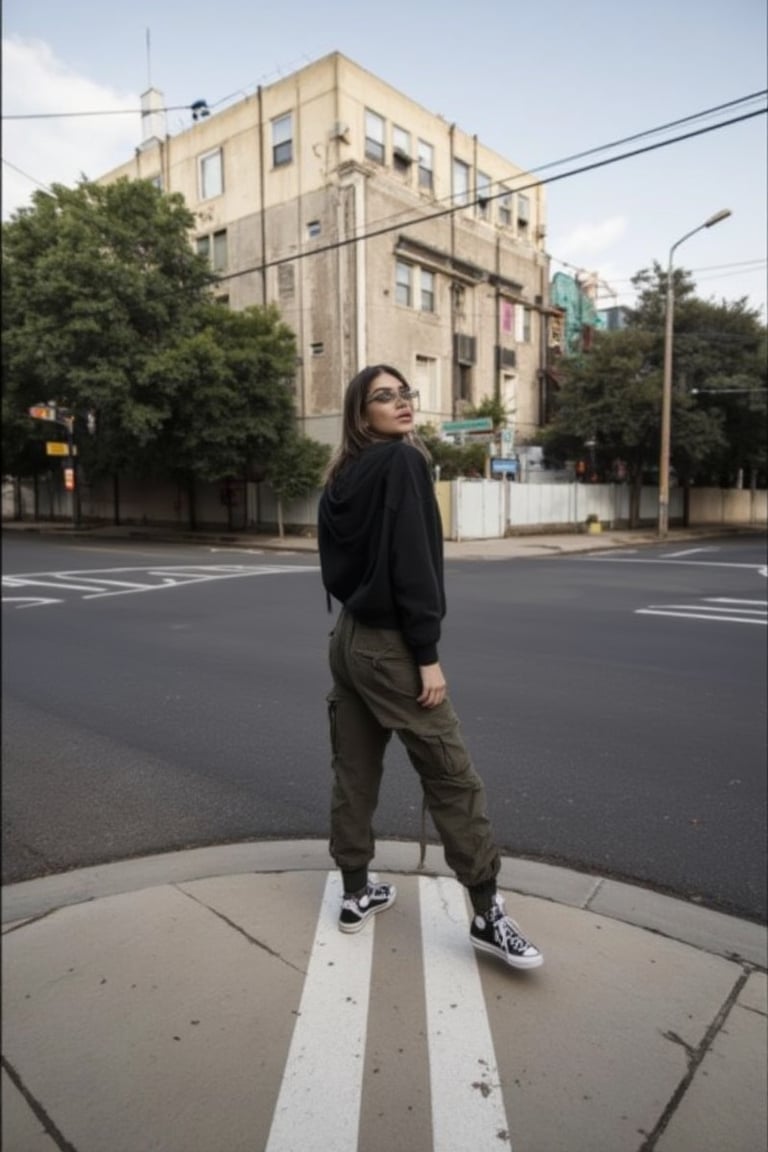 A ground-level view of a woman standing on a street corner, wearing a hoodie and cargo pants. The scene is urban, with a building in the background and a road stretching out. The lighting is natural, with a slight overcast sky. The composition frames the woman in the center, with the road and building creating a dynamic diagonal line across the scene.