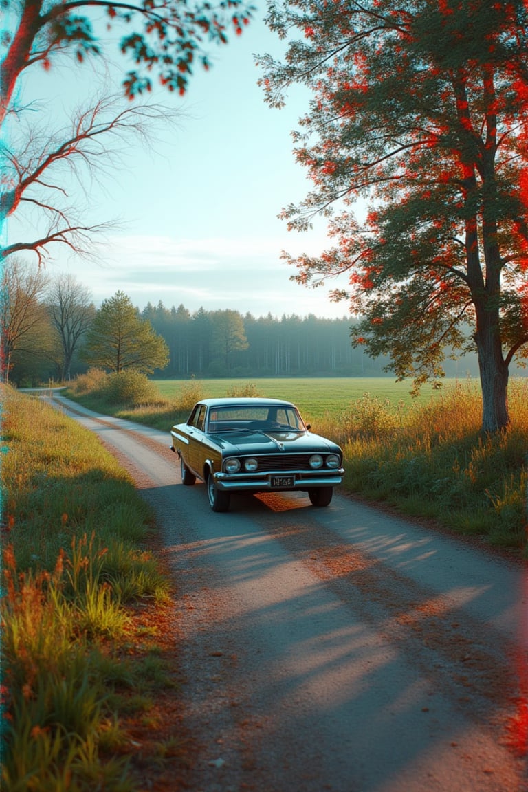 Anaglyph effect, old car at road, countryside, 3D glasses, hyper-realistic, detailed vintage vehicle, soft lighting, wide-angle shot, rural composition, lush greenery, depth perception, vibrant colors, high contrast, sharp focus, nostalgic vibe, rustic aesthetic, digital art, serene atmosphere.