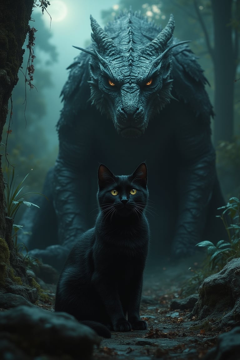 A sleek black cat sits alertly, its fur glistening in the dim light, as a majestic dragon looms behind it, its scales shimmering with an otherworldly aura. The cat's eyes are wide with curiosity, while the dragon's gaze is intense and commanding. The scene is set in a mystical, ancient forest, with moonlight filtering through the trees, casting eerie shadows. The composition frames the cat and dragon in a dynamic, tension-filled pose, highlighting their contrasting yet harmonious presence.