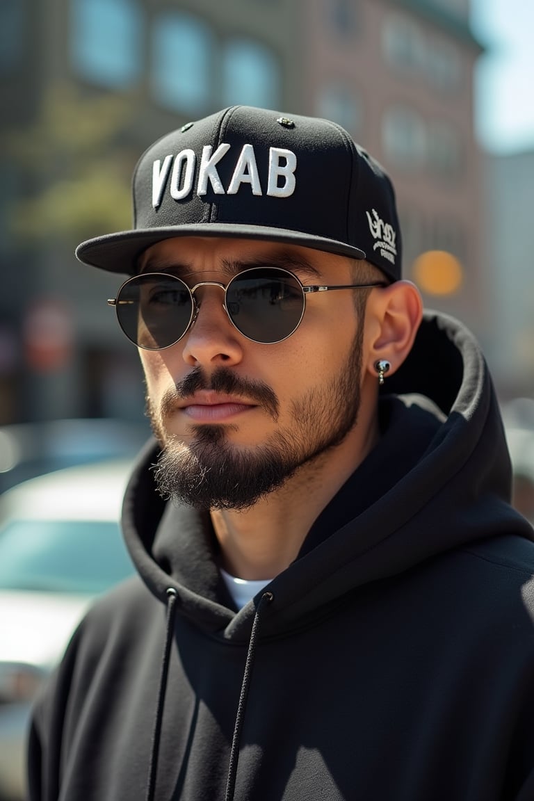 A man wearing round-shaped sunglasses, a hoodie, and a cap with VOKAB written on it, standing with a cool and confident pose, the shot framed from the waist up, natural sunlight highlighting his face, the composition centered on the man with the sunglasses reflecting a vibrant urban background, the outfit blending streetwear with a modern twist, creating a stylish and edgy atmosphere.