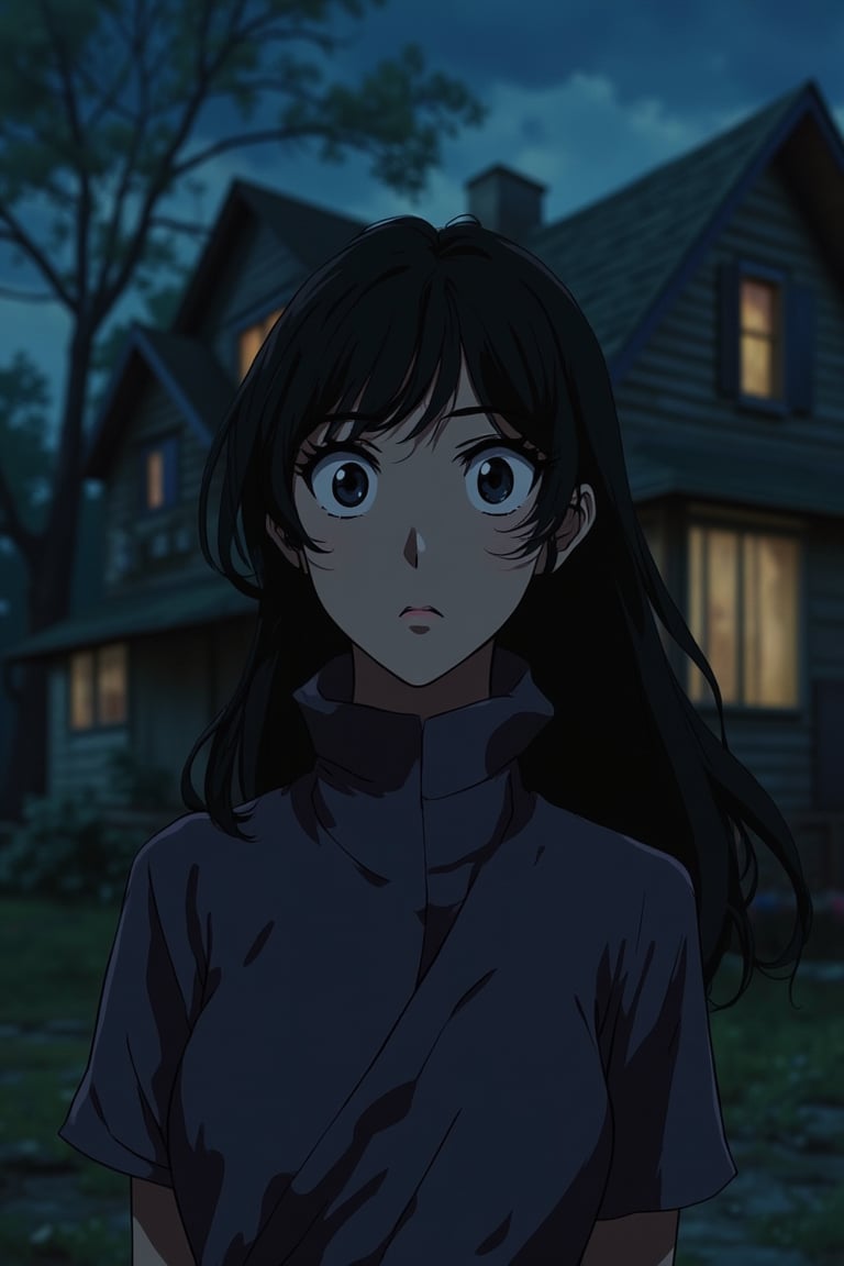 vibrant Moe anime scene of a beautiful woman with large, glossy eyes, standing in front of a creepy haunted house at night. The house is old and decrepit, with eerie shadows and ghostly apparitions. The scene is framed mid-shot, capturing her fearful expression and the soft, eerie lighting that highlights the spooky atmosphere. The background is a dark, foreboding house with flickering lights and ominous sounds, creating a tense and suspenseful environment. Her presence adds to the creepy and unsettling composition.