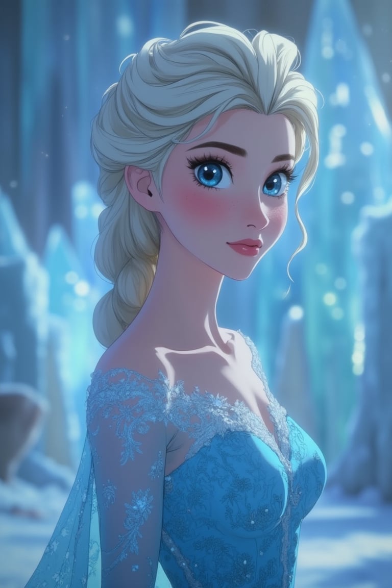 vibrant Moe anime portrait of a beautiful woman with large, glossy eyes, dressed as Princess Elsa from Frozen. She stands elegantly in a regal, icy palace, wearing Elsa's iconic blue gown with intricate details. The scene is framed mid-shot, capturing her serene expression and the soft, cool lighting that enhances her regal presence. The background features sparkling ice and snow, creating a magical and enchanting atmosphere. Her hair flows gracefully, adding to the elegant and majestic composition.