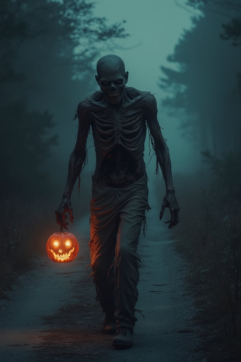 A spooky Halloween scene featuring a zombie, its decaying body and tattered clothing barely holding together, walking down a dark, foggy road. The zombie holds a pumpkin Halloween lantern, its flickering light casting eerie shadows. The scene is dimly lit, with the lantern's glow highlighting the zombie's gruesome features. The composition frames the zombie in the center, with the road leading into the distance, creating a sense of foreboding and endlessness. The overall atmosphere is creepy and fitting for Halloween.