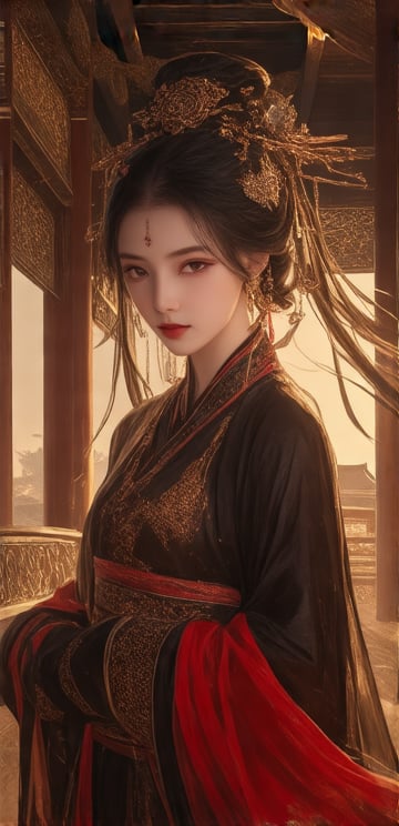 Hyper-realistic depiction of a Tang Dynasty girl,  standing elegantly in a traditional black and red silk gown. The scene...