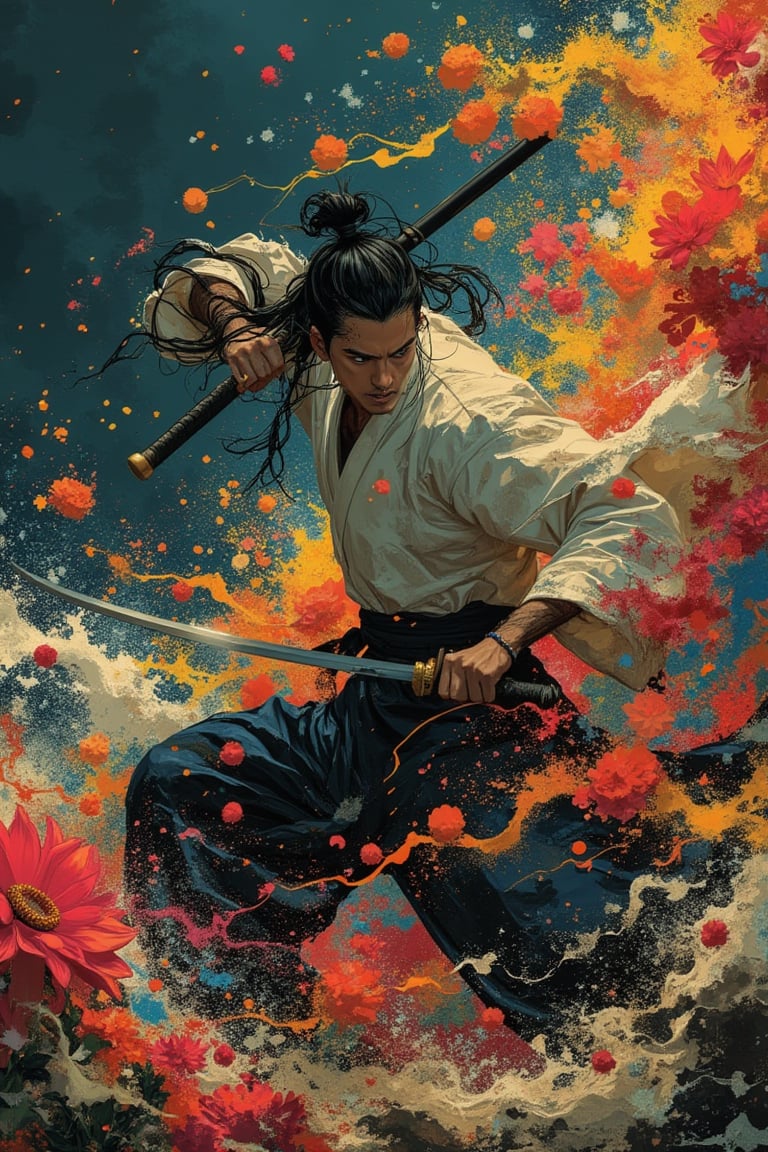 A manga-style full-body shot featuring a man, inspired by Yakuza Kamui and Georgia O'Keeffe's art, engaged in a fierce fight with his villain. The man is in a dynamic combat stance, wielding a katana with precision, against a backdrop of abstract, vibrant desert flowers. The lighting is dramatic, casting sharp shadows, emphasizing the intensity of the battle. The composition is centered on the action, capturing the raw energy and determination of the protagonist.