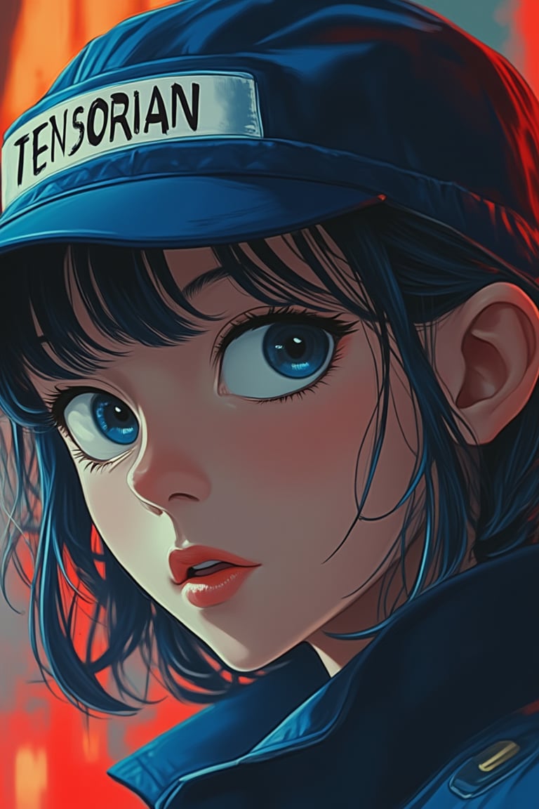 A close-up shot of a woman's face wearing a cap labeled TENSORIAN, blending Akira and Hirō styles. The composition focuses on her detailed facial features and sharp lines, with the cap adding a distinct element. The lighting is vibrant, highlighting her stylish accessory and expressive eyes. The background is minimalistic, allowing her face to be the central focus.