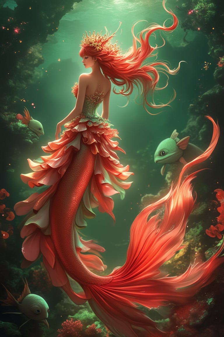 A magical surreal Niji style artwork, featuring a mermaid princess with double layer flowy hair and a radiant tail, illuminated by red and green hues. The scene is set in a fantastical underwater world, with whimsical sea creatures and vibrant coral reefs in the background. The mermaid princess is gracefully swimming, her tail shimmering with red and green accents, creating a dynamic and enchanting composition. The lighting is surreal, with red and green tones casting a dreamlike and mystical atmosphere, enhanced by sparkling details.