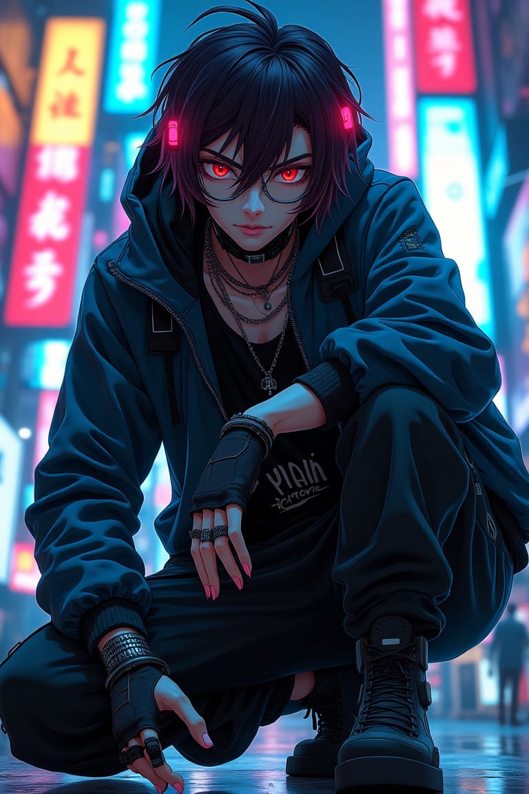 Close-up of an exquisite, handsome anime man in punk style, wearing cyberpunk hacker attire. Knee-down pose, capturing the intricate details of his outfit. The scene is set in a futuristic city, with neon lights reflecting off his cybernetic enhancements. The composition highlights his intense gaze and rebellious attitude, blending the gritty urban environment with the sleek, high-tech elements of his cyberpunk aesthetic.