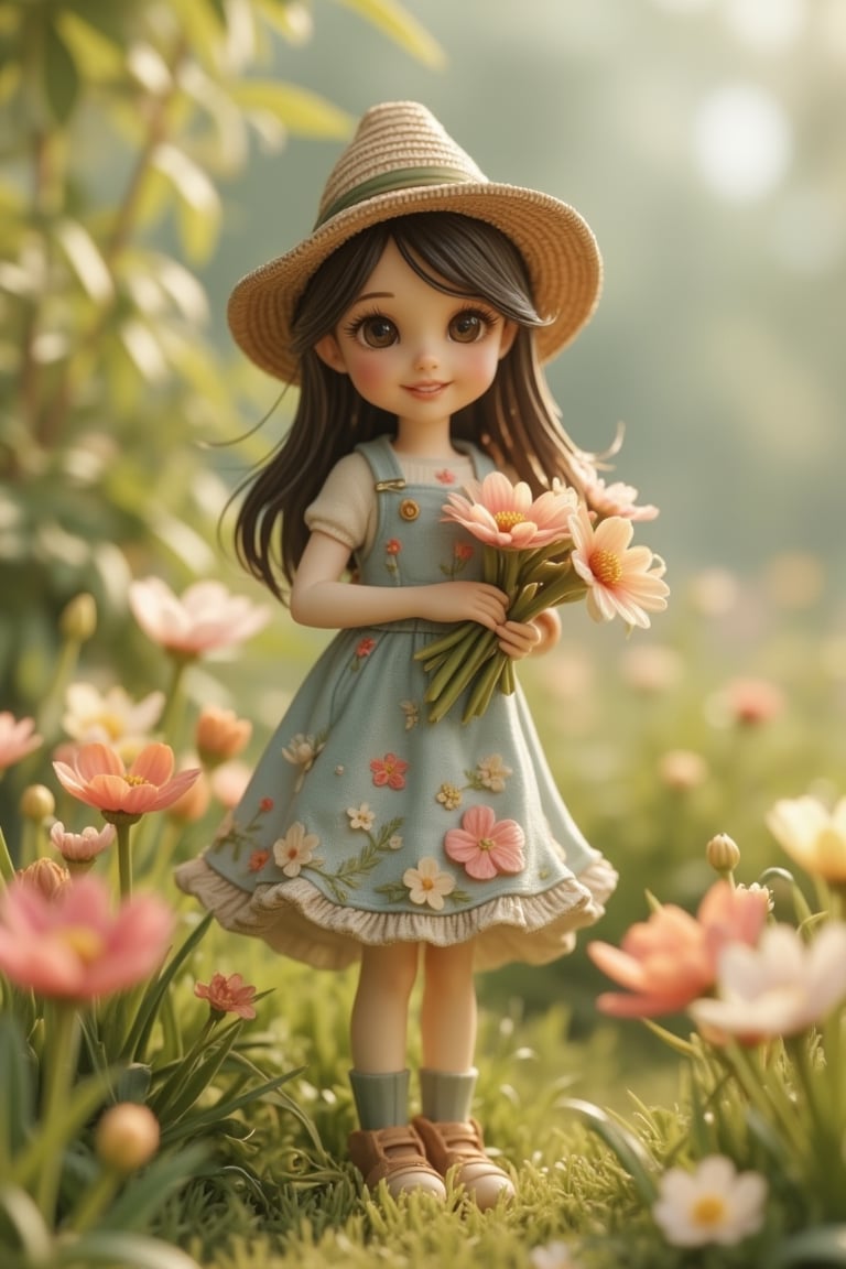 A detailed figurine of a pretty girl in a casual dress adorned with small flower patterns, standing amidst a field of blooming flowers. The scene is set in a vibrant garden, with colorful blossoms and soft grass underfoot. The lighting is soft and natural, highlighting the girl's cheerful expression and the delicate floral design on her dress. The composition is centered, with the girl holding a bouquet of flowers, capturing the essence of spring and innocence.