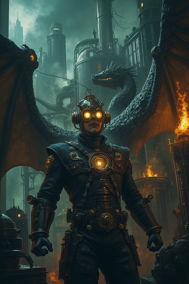 A steampunk ambience with a superhero in a suit fighting a dragon in the foreground, set in a dystopian world. The scene is illuminated by dim, ambient lighting, casting dramatic shadows. The superhero is dressed in a steampunk-inspired suit, using mechanical gadgets to battle the dragon. The background features a steam engine and various mechanical contraptions, with a dystopian cityscape in the distance. The composition is dynamic, with the superhero and dragon in the center, framed by the detailed steampunk environment.