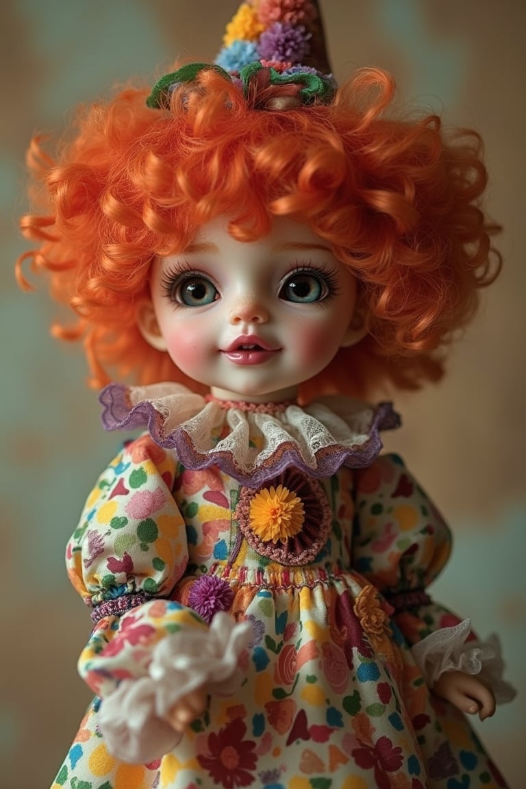 A cute doll dressed as a girl in a clown character, with a playful expression and colorful clown attire. The doll is framed in a mid-shot, capturing her full outfit and whimsical features. Soft, warm lighting highlights her vibrant costume and cheerful demeanor. The composition centers on the doll, with a slight tilt to add a dynamic feel. The background is a subtle, muted pattern to keep the focus on the doll's charming clown character.