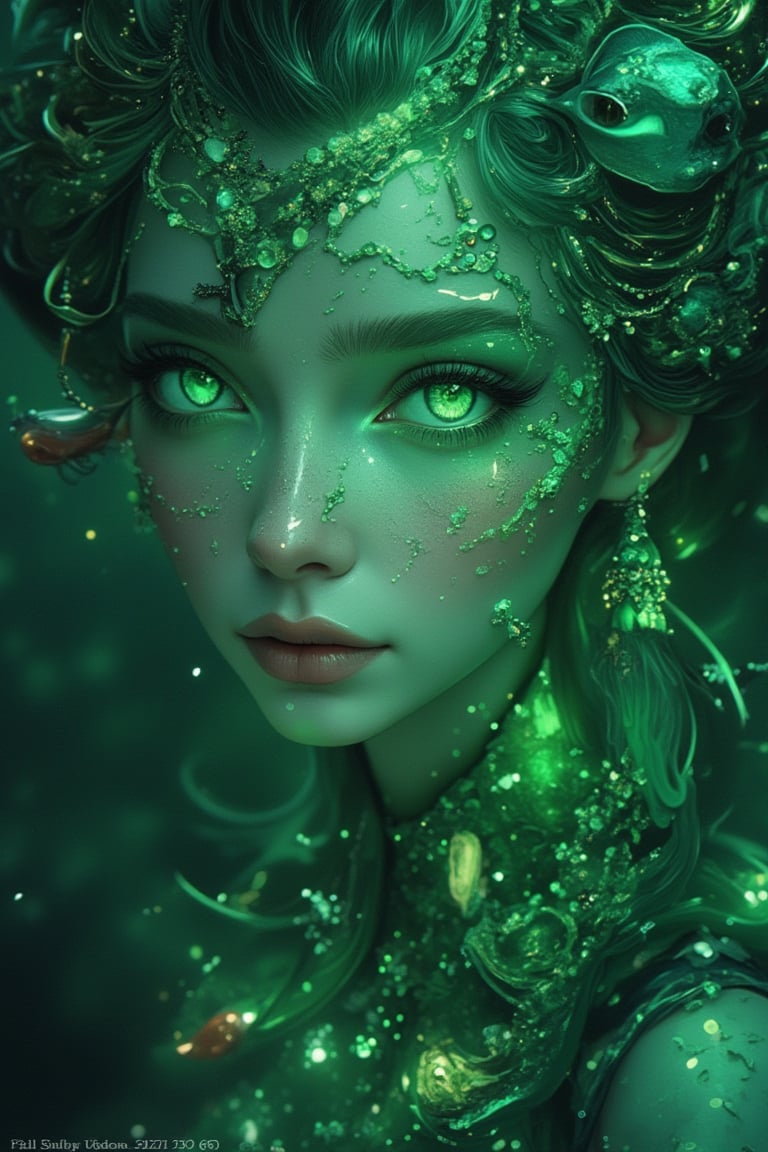 A magical surreal Niji style artwork, featuring a close-up face of a mermaid, illuminated by green hues. The scene is set in a fantastical underwater world, with whimsical sea creatures and vibrant coral reefs in the background. The mermaid's face is prominently displayed, her eyes and features highlighted with green accents, creating a dynamic and enchanting composition. The lighting is surreal, with green tones casting a dreamlike and mystical atmosphere.